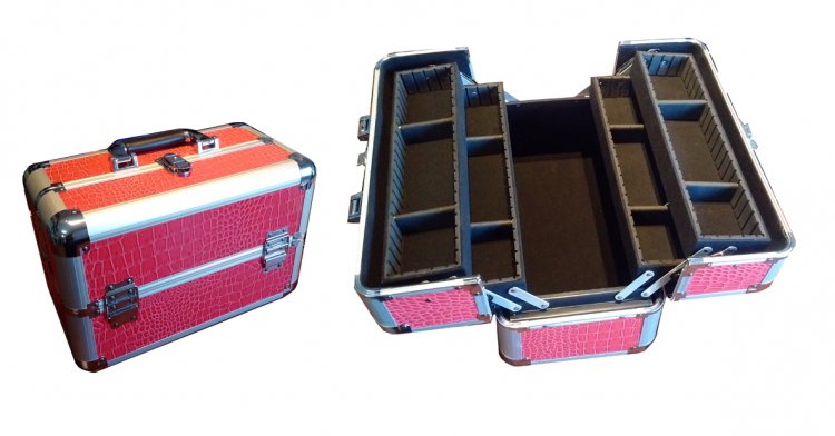 Makeup Train Case Aluminum Cosmetic Jewelry Organizers Pink Artificial Leather - Click Image to Close