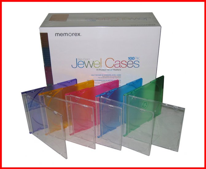 Memorex Slim Colorful CD Jewel Case 100 Pk 5.2mm Single Disc Box Mixed Color - Click Image to Close