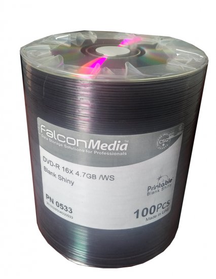 Falcon Premium DVD-R 8X 4.7 GB Blank Shiny 100 Pk Thermal Printable - Click Image to Close