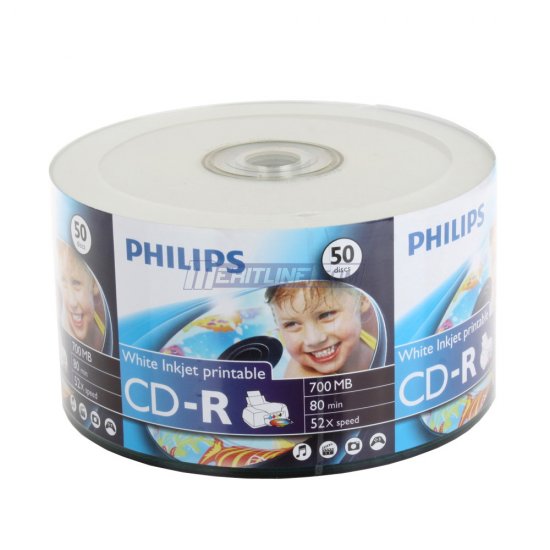 PHILIPS CD-R 52X WHITE INKJET PRINTABLE 700M 50PACK OPP - Click Image to Close