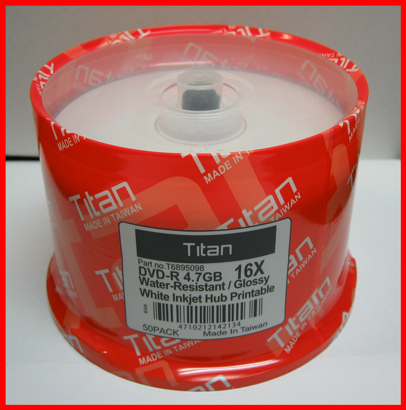 50 Pk Titan DVD-R 16X 4.7 GB Glossy Water Resistant White Inkjet Hub Printable - Click Image to Close