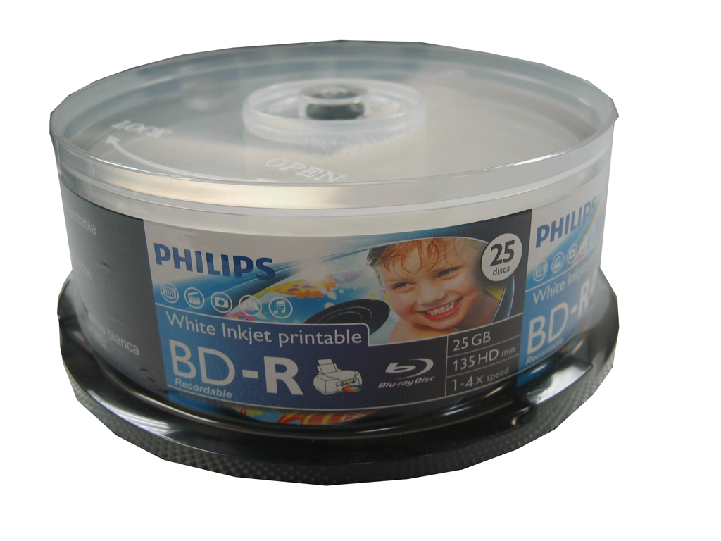 Philips Blu-Ray Disc BD-R White Inkjet Printable 25G 1-6X 25 Pk Free Shipping - Click Image to Close