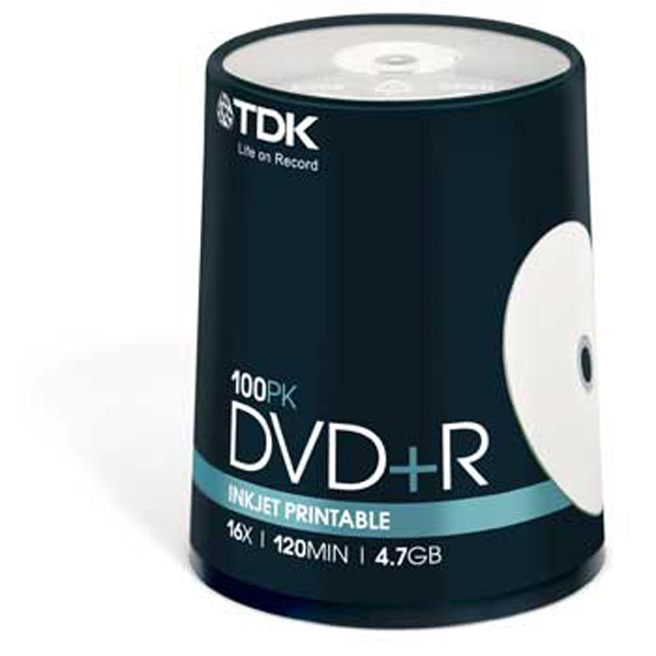 100 Pk TDK 16X Blank DVD+R DVD Plus R Recordable Disc Media 4.7GB Cake Box - Click Image to Close